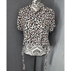 Women's Pink Peony Button Up Crop Top Blouse Leopard Size Large Multicolor Print